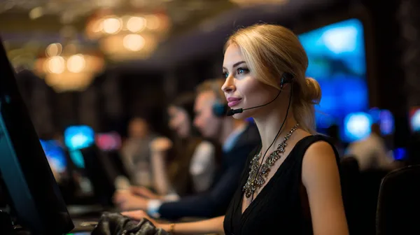 A glamorous woman holding casino chips in a neon-lit environment, representing the premium online casino atmosphere of XXBB.